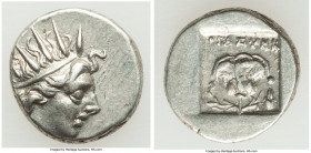 CARIAN ISLANDS. Rhodes. Ca. 88-84 BC. AR drachm (13mm, 2.89 gm, 1h). Choice XF. Plinthophoric standard, Thrasymedes, magistrate. Radiate head of Helio...