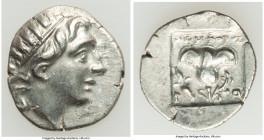 CARIAN ISLANDS. Rhodes. Ca. 88-84 BC. AR drachm (15mm, 2.27 gm, 11h). Plinthophoric standard, Nicephorus, magistrate. Radiate head of Helios right / N...
