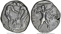PAMPHYLIA. Aspendus. Ca. 380-325 BC. AR stater (23mm, 1h). NGC VF. Two wrestlers grappling, Bꓥ between, all in dotted circle / EΣTFEΔIIYΣ, slinger aim...