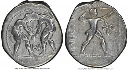 PAMPHYLIA. Aspendus. Ca. 380-325 BC. AR stater (23mm, 1h). NGC Fine. Two wrestlers grappling; ΑΦ between / EΣTFEΔIIYΣ, slinger striding to right, pull...