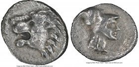 PAMPHYLIA. Side. Ca. 2nd-1st centuries BC. AR obol (11mm, 5h). NGC Choice VF. Head of lion left / Helmeted head of Athena right, wearing crested Corin...