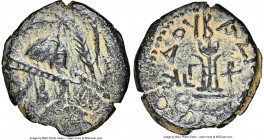 JUDAEA. Herodians. Herod I the Great (40-4 BC). AE 8-prutot (22mm, 12h). NGC VF, repatinated. Samarian, dated Regnal Year 3 (38/7 BC). Facing helmet w...