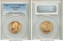 Fuad I gold 100 Piastres AH 1348 (1929) MS63 PCGS, British Royal mint, KM372. Mintage: 3,000. Two year type. AGW 0.2391 oz. 

HID09801242017

© 20...