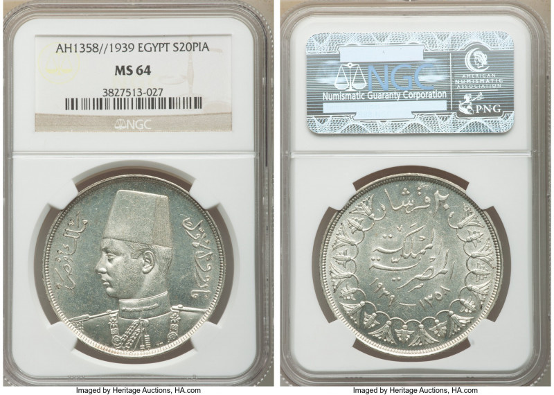 Farouk 20 Piastres AH 1358 (1939) MS64 NGC, British Royal mint, KM368. Brilliant...