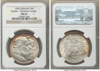 Baden. Friedrich I "Golden Wedding Anniversary" 5 Mark 1906 MS64 NGC, Karlsruhe mint, KM277, J-35 Cobalt and russet peripheral toning.

HID098012420...