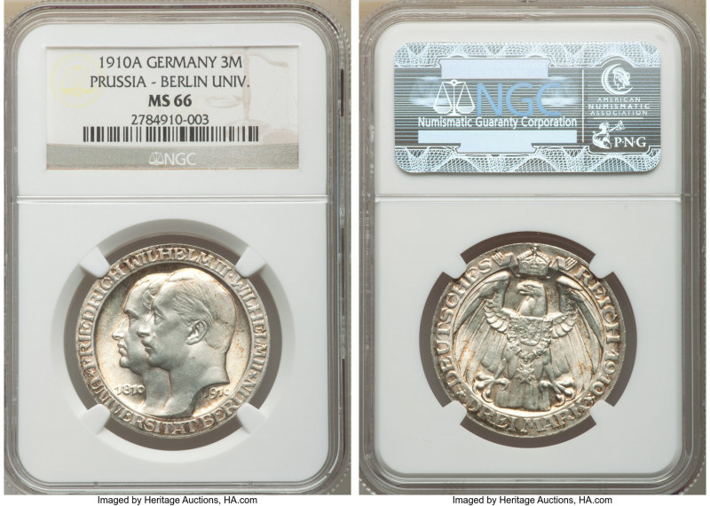 Prussia. Wilhelm II "Berlin University" 3 Mark 1910-A MS66 NGC, Berlin mint, KM5...
