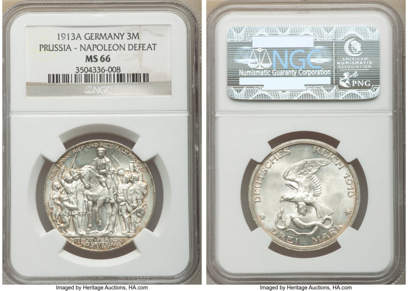 Prussia. Wilhelm II "Napoleon's Defeat" 3 Mark 1913-A MS66 NGC, Berlin mint, KM5...
