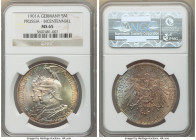 Prussia. Wilhelm II 5 Mark 1901-A MS65 NGC, Berlin mint, KM526. Commemorating 200th anniversary of the Kingdom of Prussia. Pastel rainbow tone. 

HI...
