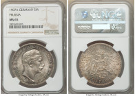 Prussia. Wilhelm II 5 Mark 1907-A MS65 NGC, Berlin mint, KM523. Steel-gray and teal toned with full underlying mint bloom. 

HID09801242017

© 202...