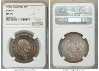 Saxony. Friedrich August III 3 Mark 1908-E MS65 NGC, Muldenhutten mint, KM1267, J-135. Vivid multi-colored shades of tone. 

HID09801242017

© 202...