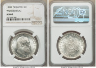 Württemberg. Wilhelm II 3 Mark 1912-F MS66 NGC, Stuttgart mint, KM635. Lunar white and virtually unblemished surfaces with whirling cartwheel luster. ...