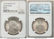 Württemberg. Wilhelm II 3 Mark 1913-F MS67 NGC, Stuttgart mint, KM635. Opalescent gray with amber tinted tone. 

HID09801242017

© 2020 Heritage A...