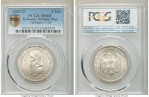 Weimar Republic "Tübingen University" 3 Mark 1927-F MS63 PCGS, Stuttgart mint, KM54, J-328. One year type. 450th Anniversary of Tubingen University. S...