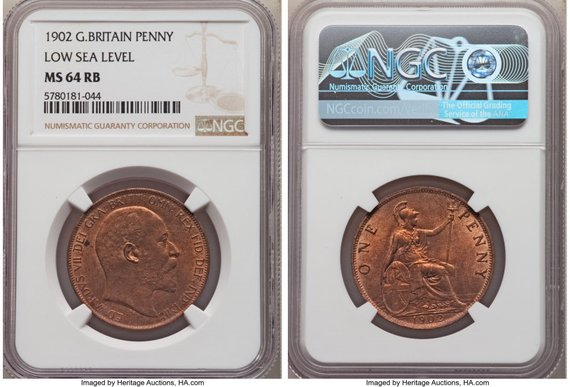Edward VII "Low Sea Level" Penny 1902 MS64 Red and Brown NGC, KM794.1. Low sea l...