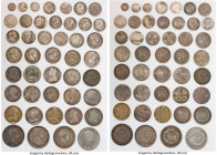 44-Piece Lot of Uncertified Assorted silver Minors, Lot of mixed Great Britain minors from 1 pence to 1/2 crown. Average grade F/VF some with holes or...