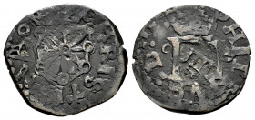 Philip II (1556-1598). 4 cornados. Pamplona. (Cal-23). Anv.: PHILIPVS · D · G? ·. Rev.: CHRISTIANA ◦. Ae. 3,33 g. Countermark of IIII Maravedís from B...