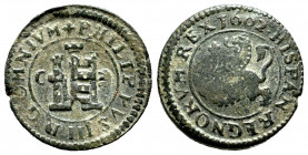 Philip III (1598-1621). 2 maravedis. 1602. Segovia. C. (Cal-183). Ae. 3,26 g. Countermark of IIII Maravedís. VF. Est...25,00. 

Spanish Description:...
