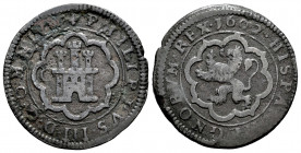 Philip III (1598-1621). 4 maravedis. 1602. Segovia. C. (Cal-255). Ae. 5,16 g. Almost VF. Est...20,00. 

Spanish Description: Felipe III (1598-1621)....
