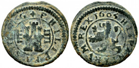Philip III (1598-1621). 4 maravedis. 1605. Segovia. (Cal-259). Ae. 2,73 g. Choice F/Almost VF. Est...15,00. 

Spanish Description: Felipe III (1598-...