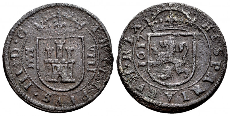 Philip III (1598-1621). 8 maravedis. 1617. Segovia. (Cal-335). Ae. 6,03 g. Date ...