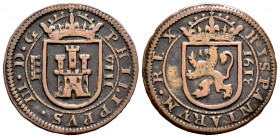 Philip III (1598-1621). 8 maravedis. 1618. Segovia. (Cal-338). Ae. 5,99 g. Choice VF. Est...30,00. 

Spanish Description: Felipe III (1598-1621). 8 ...