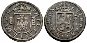 Philip III (1598-1621). 8 maravedis. 1618. Segovia. (Cal-338). Ae. 5,57 g. Attractive. Choice VF. Est...25,00. 

Spanish Description: Felipe III (15...