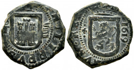 Philip III (1598-1621). 8 maravedis. 1619. Toledo. (Cal-349). (Jarabo-Sanahuja-D301). Ae. 6,36 g. Scarce. VF/Choice VF. Est...25,00. 

Spanish Descr...