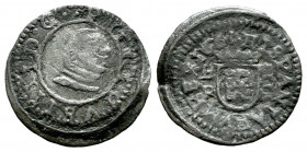 Philip IV (1621-1665). 4 maravedis. 1663. Burgos. R. (Cal-188). Ae. 1,03 g. Choice F. Est...15,00. 

Spanish Description: Felipe IV (1621-1665). 4 m...