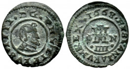 Philip IV (1621-1665). 4 maravedis. 1663. Granada. N. (Cal-225). Ae. 1,33 g. Choice VF. Est...25,00. 

Spanish Description: Felipe IV (1621-1665). 4...