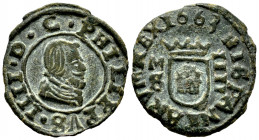 Philip IV (1621-1665). 4 maravedis. 1663. Madrid. S. (Cal-237). Ae. 1,01 g. Choice VF/VF. Est...25,00. 

Spanish Description: Felipe IV (1621-1665)....