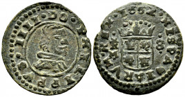 Philip IV (1621-1665). 8 maravedis. 1662. Trujillo. M. (Cal-423). Ae. 2,03 g. Mintmark and assayer on the left. Choice VF. Est...30,00. 

Spanish De...