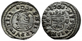 Philip IV (1621-1665). 8 maravedis. 1663. Trujillo. M. (Cal-424). (Jarabo-Sanahuja-M740). Ae. 2,30 g. Most of original silvering. Scarce in this grade...