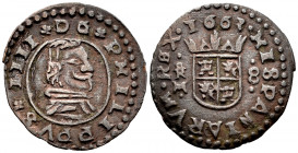 Philip IV (1621-1665). 8 maravedis. 1663. Trujillo. M. (Cal-424). Ae. 1,56 g. Mintmark and assayer on the left. VF/Choice VF. Est...25,00. 

Spanish...