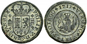 Philip V (1700-1746). 4 maravedis. 1719. Segovia. (Cal-92). Ae. 8,16 g. VF. Est...25,00. 

Spanish Description: Felipe V (1700-1746). 4 maravedís. 1...