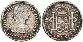 Charles III (1759-1788). 2 reales. 1784. México. FF. (Cal-674). Ag. 6,62 g. Almost VF. Est...30,00. 

Spanish Description: Carlos III (1759-1788). 2...