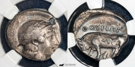 Lucania (Italy) Silver Double nomos/Distater 7,72 g., 19 mm Thourioi 400-350 BC Ch F (NGC)