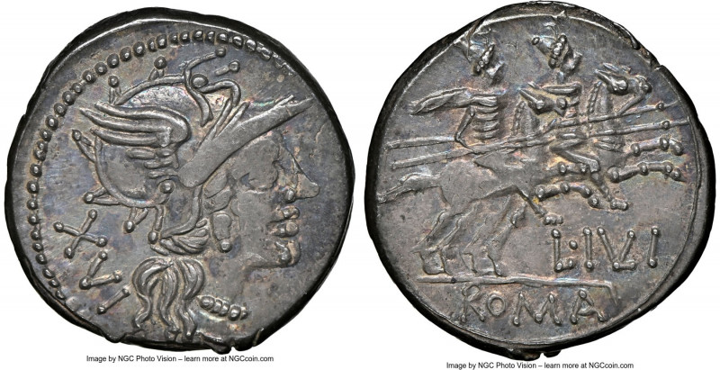 L. Julius (ca. 141 BC). AR denarius (20mm, 3.79 gm, 1h). NGC AU 3/5 - 5/5. Rome....