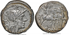 M. Vargunteius (ca. 130 BC). AR denarius (20mm, 3.93 gm, 4h). NGC Choice VF 4/5 - 4/5. Rome. M•VARG (ligate), head of Roma right, wearing winged helme...