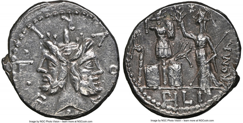 M. Furius L.f. Philus (ca. 121-119 BC). AR denarius (20mm, 3.99 gm, 11h). NGC Ch...