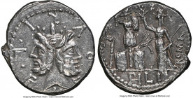 M. Furius L.f. Philus (ca. 121-119 BC). AR denarius (20mm, 3.99 gm, 11h). NGC Choice AU 4/5 - 4/5. Rome. M•FOVRI•L•F, laureate head of Janus / PHLI (P...