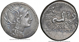 Titus Manlius Mancius, Appius Claudius Pulcher, and Q. Urbinius, moneyers (111-110 BC). AR denarius (18mm, 3.99 gm, 7h). NGC Choice VF 5/5 - 4/5. Rome...
