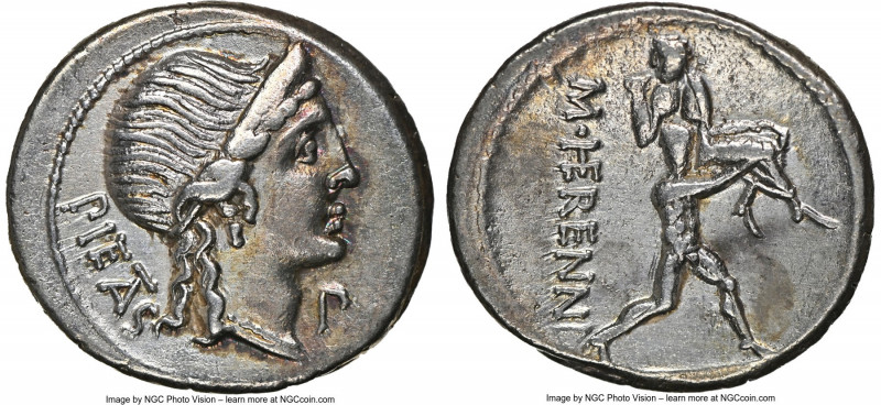 M. Herennius (ca. 108-107 BC). AR denarius (19mm, 3.87 gm, 11h). NGC XF 5/5 - 2/...
