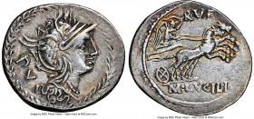 M. Lucilius Rufus (ca. 101 BC). AR denarius (21mm, 3.84 gm, 5h). NGC Choice VF 5/5 - 3/5. Rome. Head of Roma right, wearing winged helmet decorated wi...
