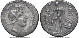 C. Malleolus (96 BC). AR denarius (19mm, 3.94 gm, 12h). NGC Choice VF 5/5 - 3/5. Rome. Head of Mars right, wearing crested broad-brimmed helmet with s...