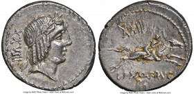 L. Calpurnius Piso Frugi (ca. 90 BC). AR denarius (20mm, 3.89 gm, 12h). NGC AU 4/5 - 2/5, scratch, brushed, edge filing. Rome. Laureate head of Apollo...