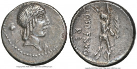 L. Calpurnius Piso Frugi (ca. 90 BC). AR denarius (18mm, 3.92 gm, 7h). NGC XF 5/5 - 3/5, marks. Rome. Laureate head of Apollo right; pomegranate behin...