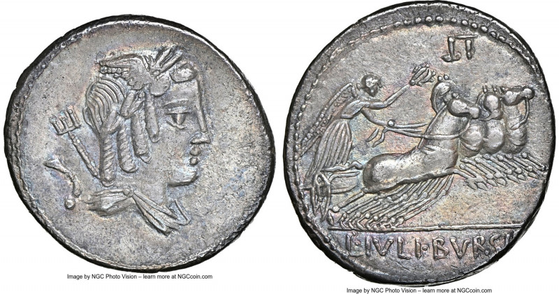 L. Julius Bursio (ca. 85 BC). AR denarius (20mm, 3.85 gm, 8h). NGC Choice XF 5/5...
