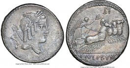L. Julius Bursio (ca. 85 BC). AR denarius (20mm, 3.85 gm, 8h). NGC Choice XF 5/5 - 2/5. Rome. Laureate, winged, draped bust of Apollo Vejovis right; t...
