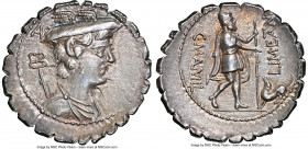 C. Mamilius Limetanus (ca. 82 BC). AR serratus denarius (20mm, 3.95 gm, 2h). NGC Choice XF 5/5 - 5/5. Rome. Draped bust of Mercury right, wearing wing...