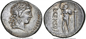 L. Marcius Censorinus (82 BC). AR denarius (17mm, 3.60 gm, 1h). NGC AU 5/5 - 4/5. Rome. Laureate head of Apollo right / L•CENSOR, satyr Marsyas walkin...